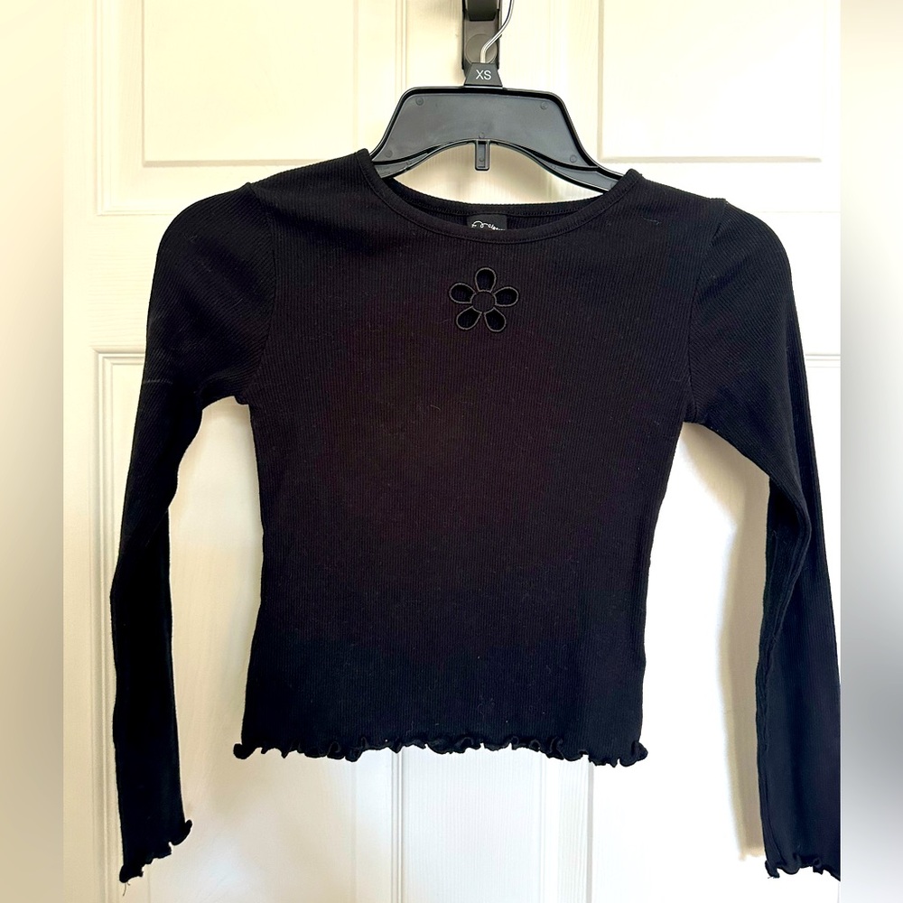 Black long sleeve top with flower - girls size 8 (never worn)